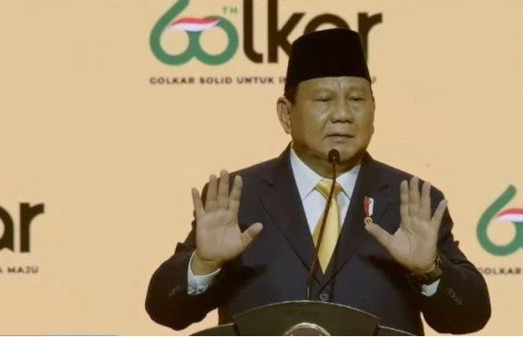 Prabowo Subianto pidato sambutan HUT ke 60 Partai Golkardi SICC Sentul Bogor